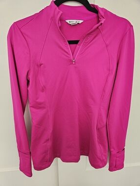 Athleta fuchsia pink long-sleeve quarter-zip athletic top with thumbholes